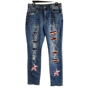 Womens Sz L (30) Blue Jeans Distressed USA Flag Stretch High Rise Skinny